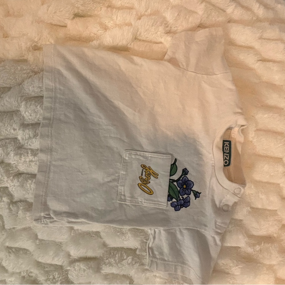 Kenzo White Tee with Floral Pocket Design